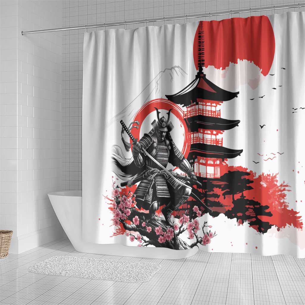 Japanese Samurai Warrior Enso Shower Curtain Japan Pagoda Sakura Watercolor - Wonder Print Shop