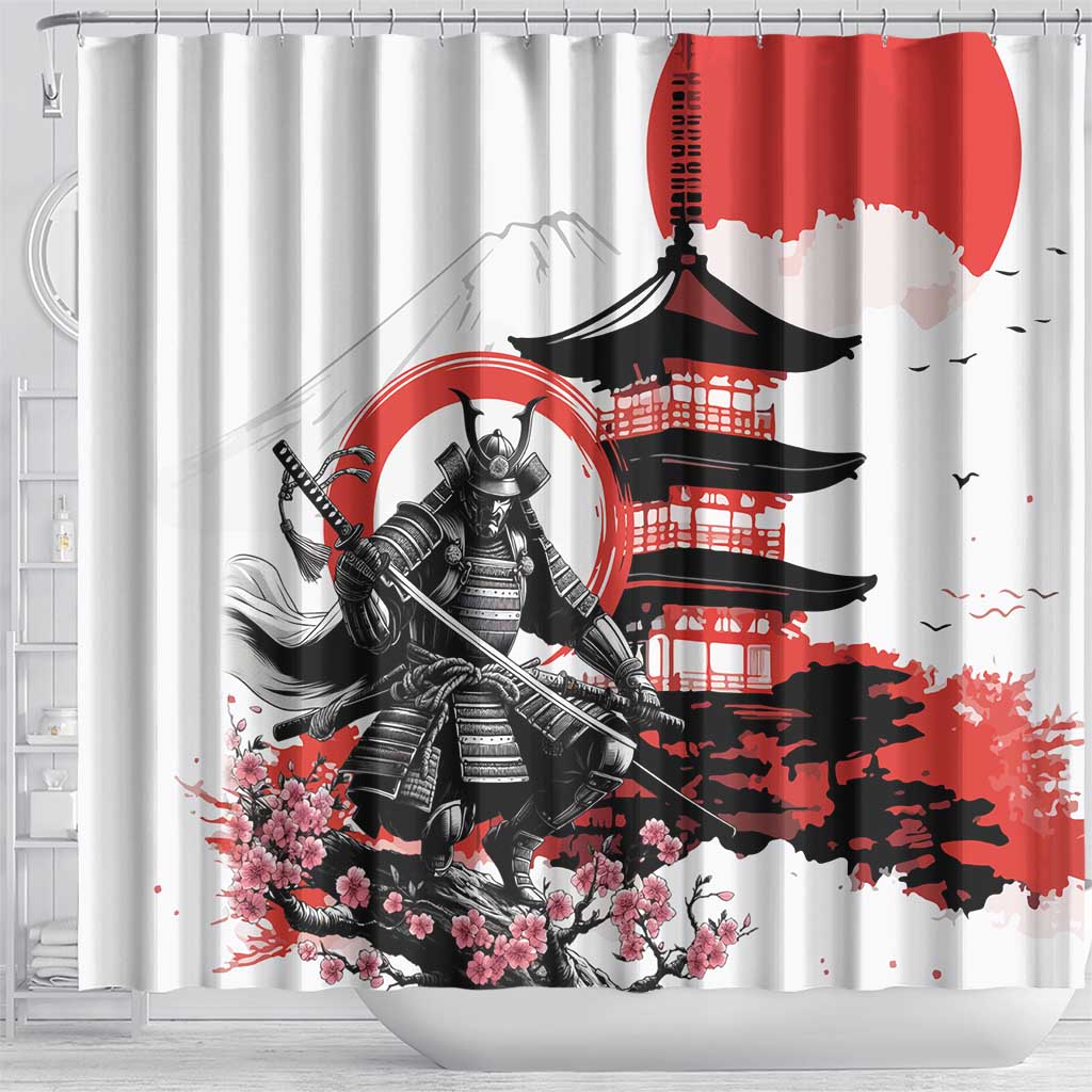 Japanese Samurai Warrior Enso Shower Curtain Japan Pagoda Sakura Watercolor - Wonder Print Shop