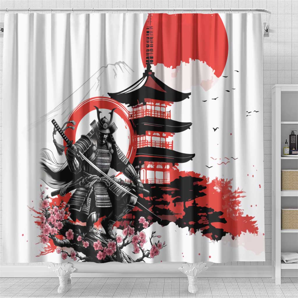 Japanese Samurai Warrior Enso Shower Curtain Japan Pagoda Sakura Watercolor - Wonder Print Shop