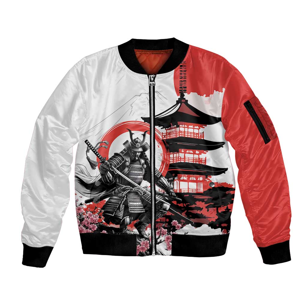 Japanese Samurai Warrior Enso Sleeve Zip Bomber Jacket Japan Pagoda Sakura Watercolor - Wonder Print Shop