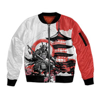 Japanese Samurai Warrior Enso Sleeve Zip Bomber Jacket Japan Pagoda Sakura Watercolor - Wonder Print Shop