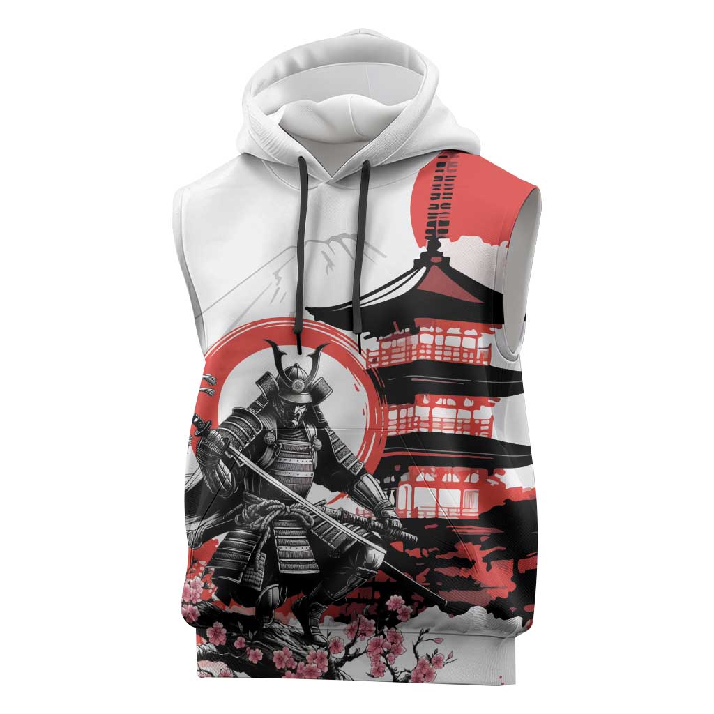 Japanese Samurai Warrior Enso Sleeveless Hoodie Japan Pagoda Sakura Watercolor - Wonder Print Shop