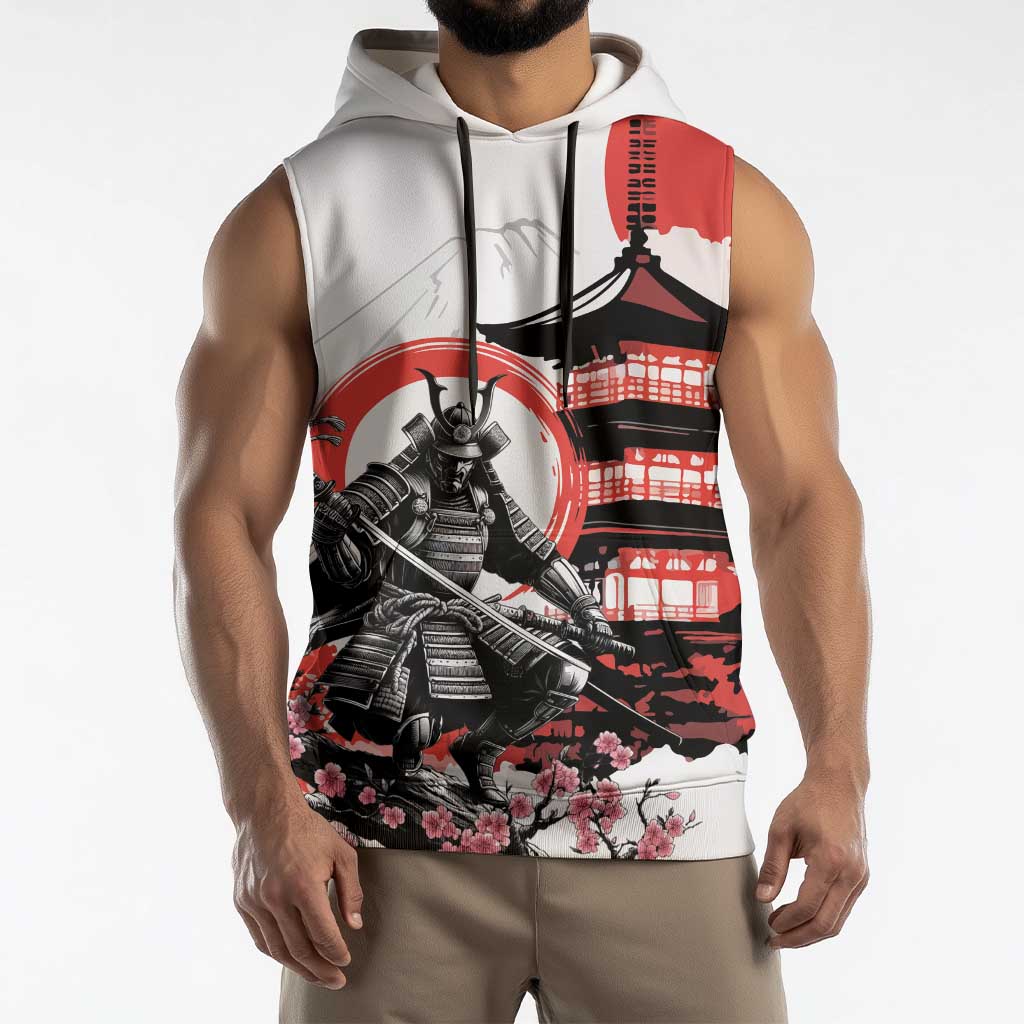 Japanese Samurai Warrior Enso Sleeveless Hoodie Japan Pagoda Sakura Watercolor - Wonder Print Shop