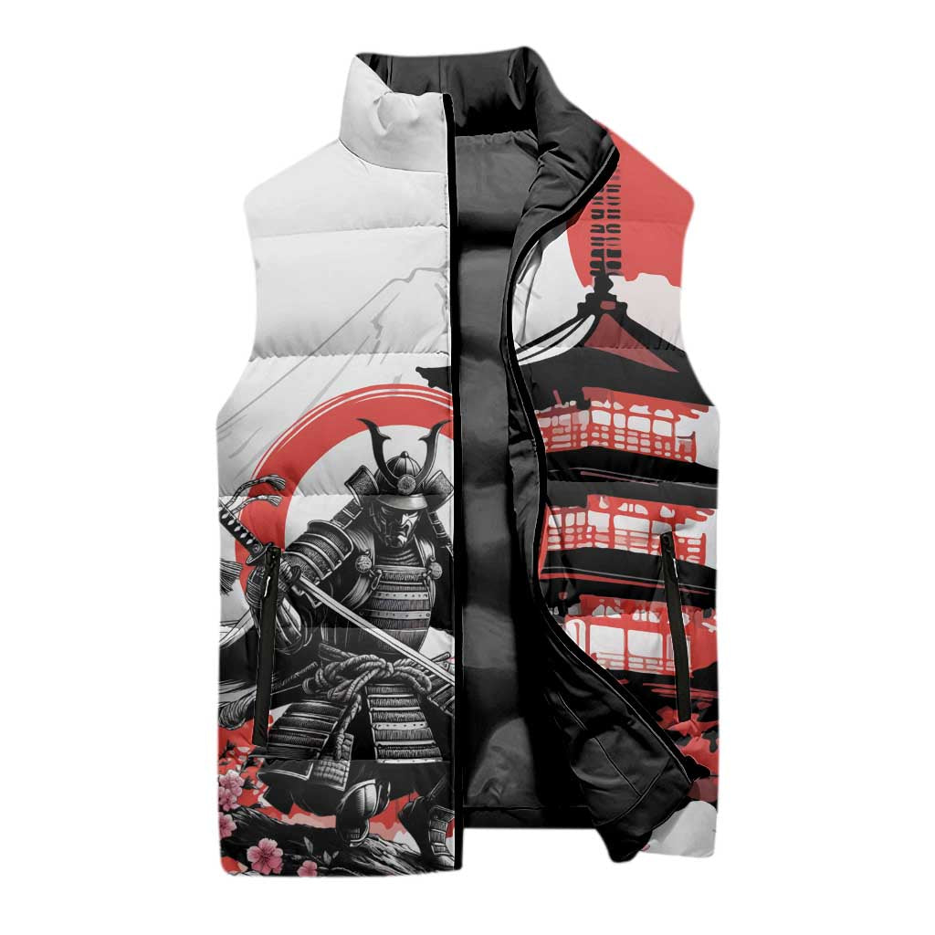 Japanese Samurai Warrior Enso Sleeveless Puffer Jacket Japan Pagoda Sakura Watercolor - Wonder Print Shop