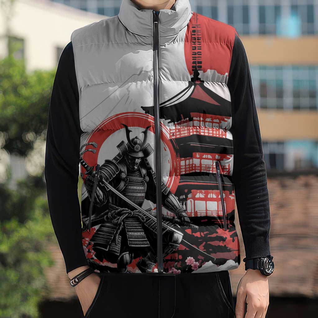 Japanese Samurai Warrior Enso Sleeveless Puffer Jacket Japan Pagoda Sakura Watercolor - Wonder Print Shop