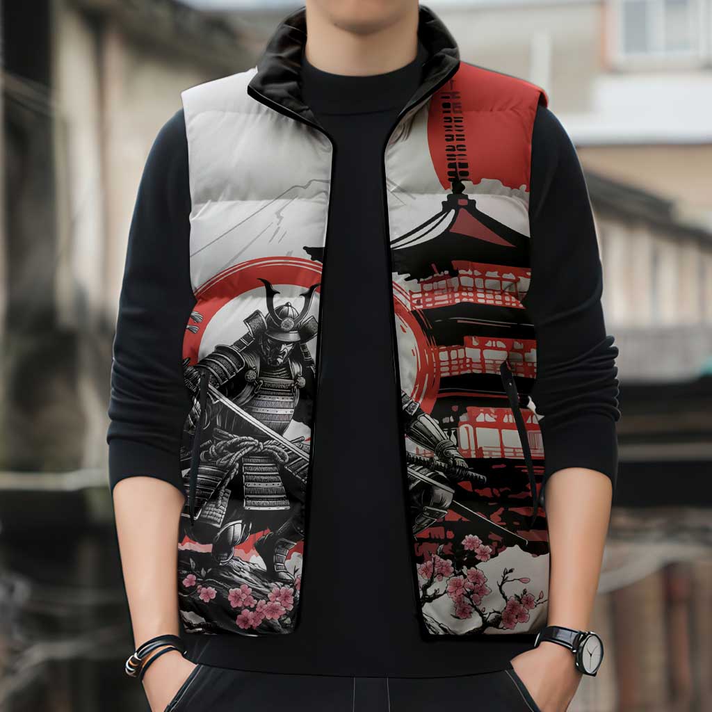 Japanese Samurai Warrior Enso Sleeveless Puffer Jacket Japan Pagoda Sakura Watercolor - Wonder Print Shop