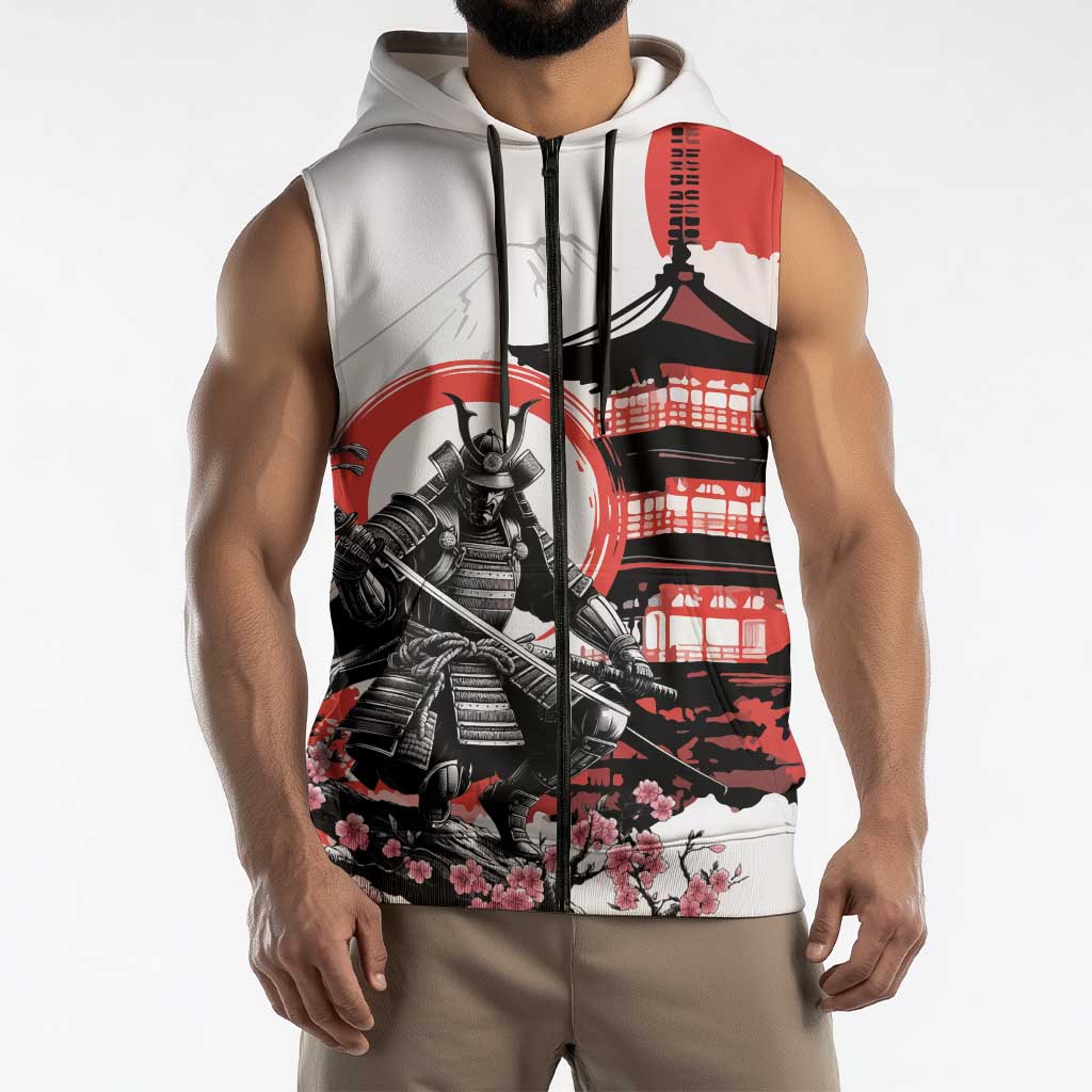Japanese Samurai Warrior Enso Sleeveless Zip Hoodie Japan Pagoda Sakura Watercolor - Wonder Print Shop