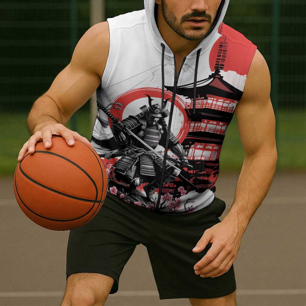 Japanese Samurai Warrior Enso Sleeveless Zip Hoodie Japan Pagoda Sakura Watercolor - Wonder Print Shop