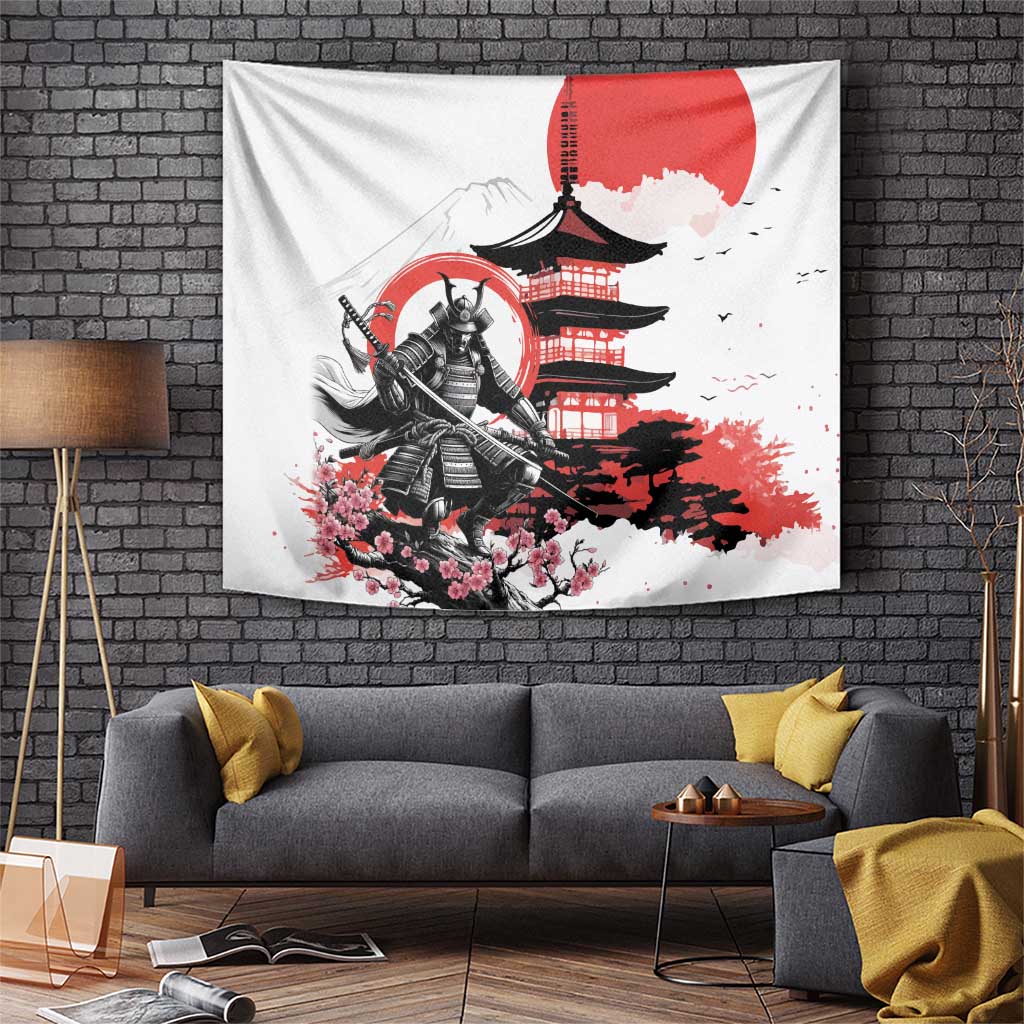 Japanese Samurai Warrior Enso Tapestry Japan Pagoda Sakura Watercolor - Wonder Print Shop