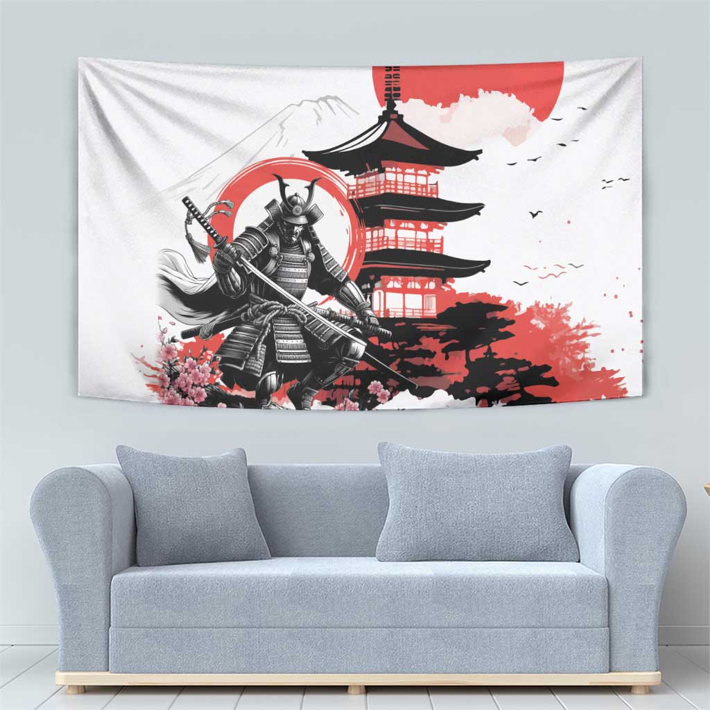 Japanese Samurai Warrior Enso Tapestry Japan Pagoda Sakura Watercolor - Wonder Print Shop