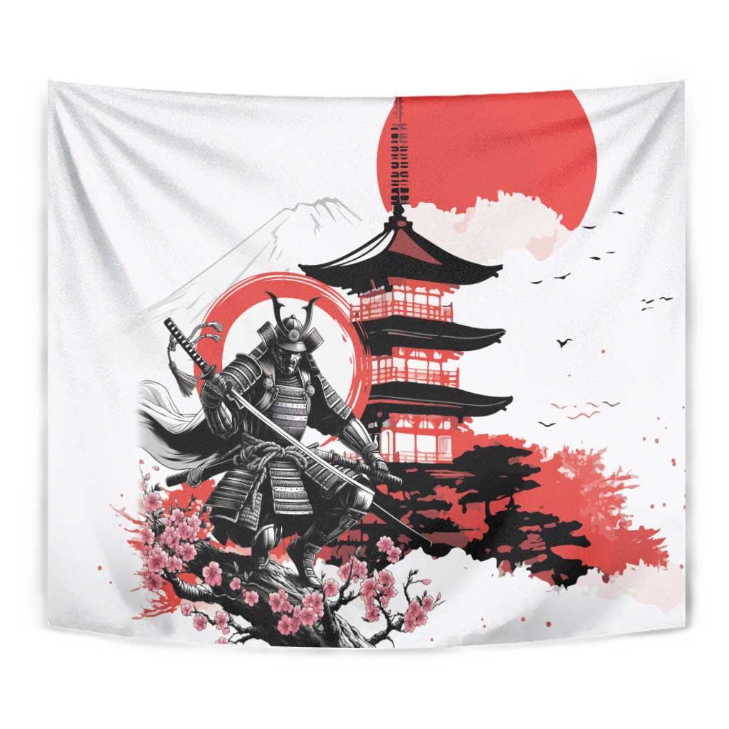 Japanese Samurai Warrior Enso Tapestry Japan Pagoda Sakura Watercolor - Wonder Print Shop