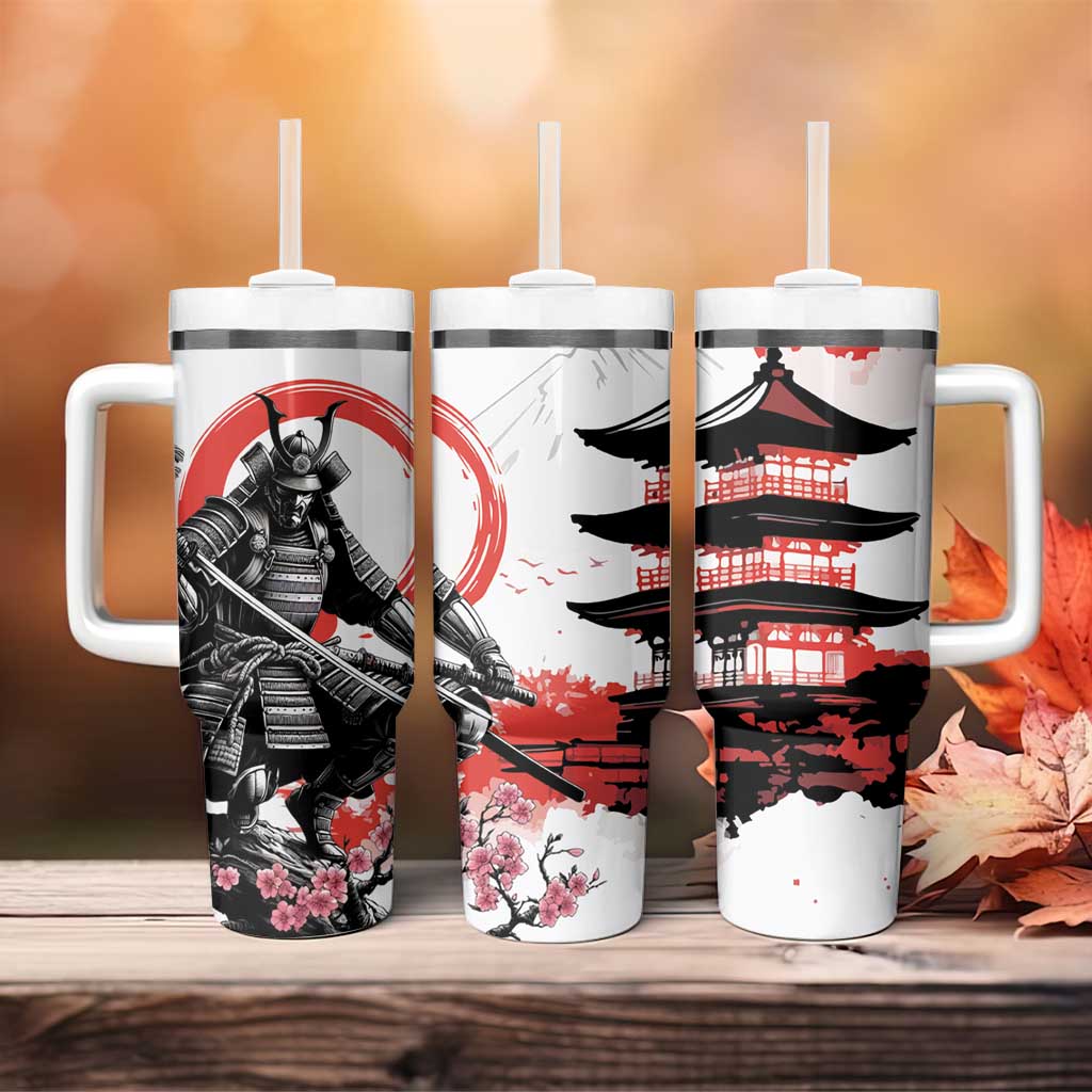 Japanese Samurai Warrior Enso Tumbler With Handle Japan Pagoda Sakura Watercolor - Wonder Print Shop