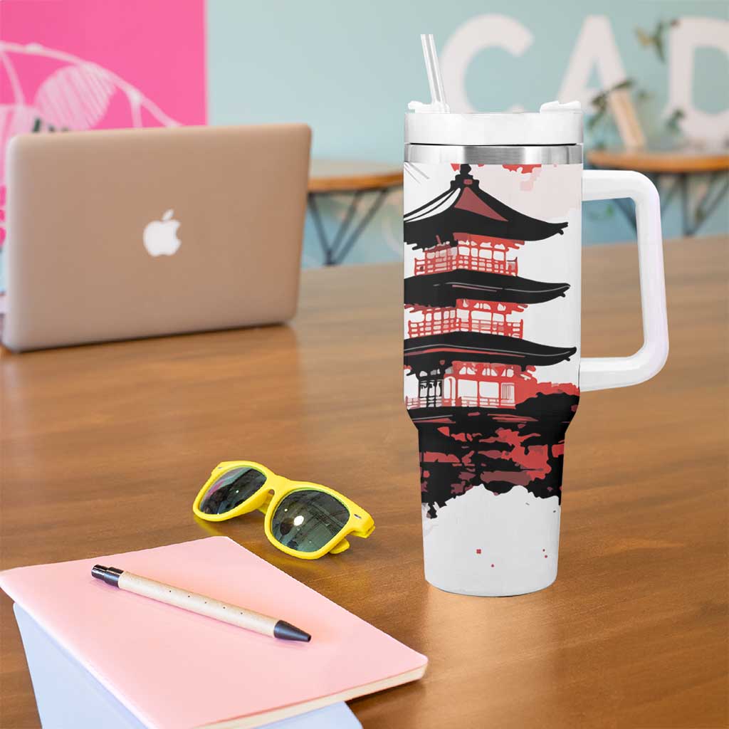 Japanese Samurai Warrior Enso Tumbler With Handle Japan Pagoda Sakura Watercolor - Wonder Print Shop