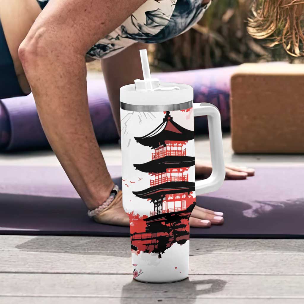 Japanese Samurai Warrior Enso Tumbler With Handle Japan Pagoda Sakura Watercolor - Wonder Print Shop
