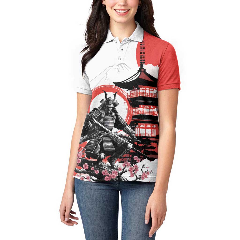Japanese Samurai Warrior Enso Women Polo Shirt Japan Pagoda Sakura Watercolor - Wonder Print Shop