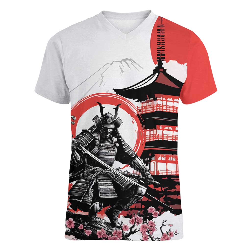 Japanese Samurai Warrior Enso Women V-Neck T-Shirt Japan Pagoda Sakura Watercolor - Wonder Print Shop