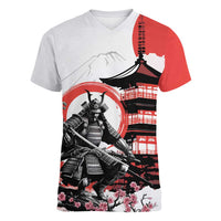 Japanese Samurai Warrior Enso Women V-Neck T-Shirt Japan Pagoda Sakura Watercolor - Wonder Print Shop