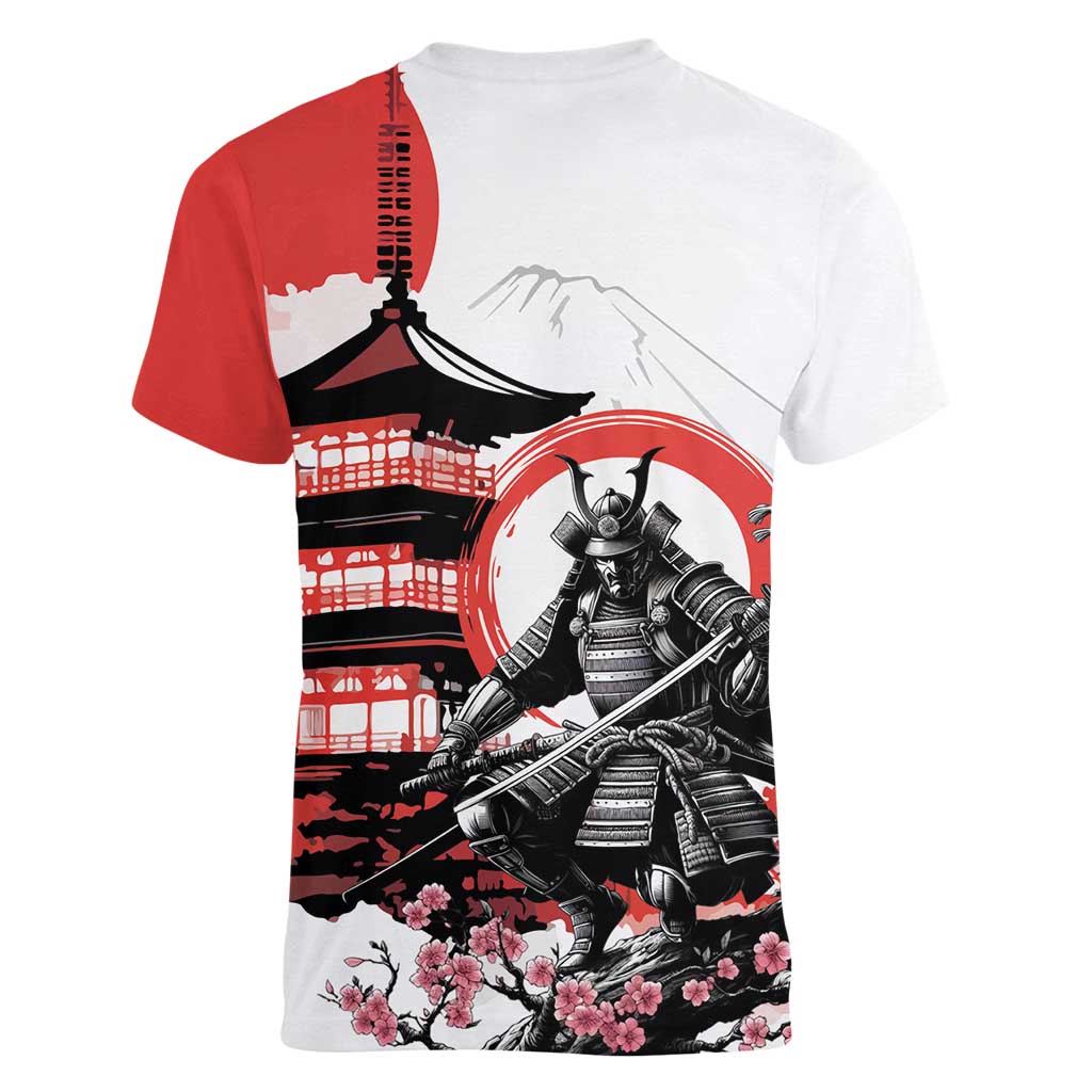 Japanese Samurai Warrior Enso Women V-Neck T-Shirt Japan Pagoda Sakura Watercolor - Wonder Print Shop