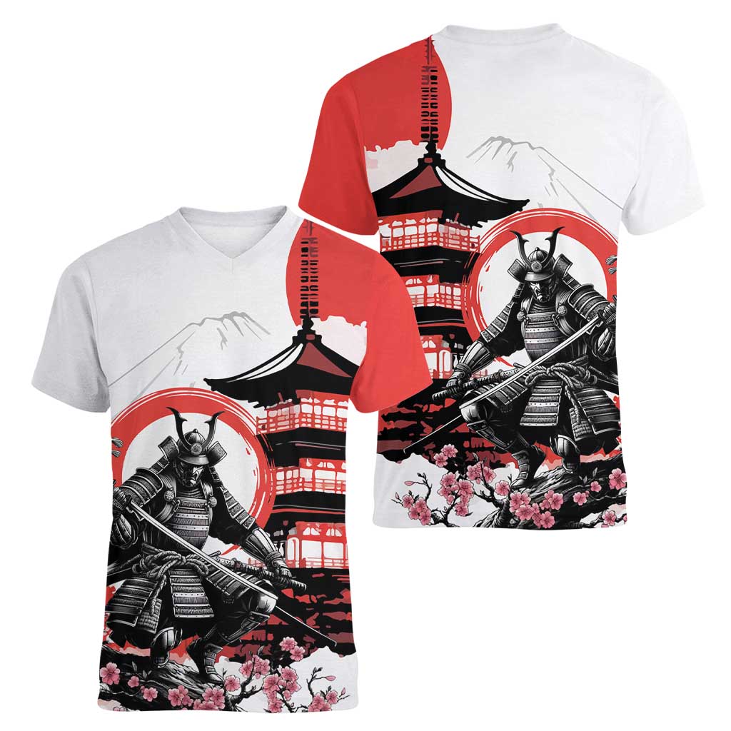 Japanese Samurai Warrior Enso Women V-Neck T-Shirt Japan Pagoda Sakura Watercolor - Wonder Print Shop