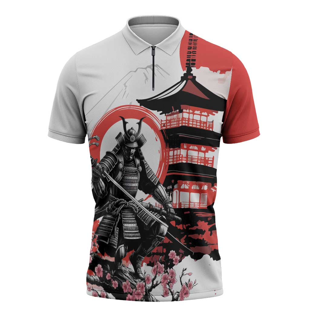 Japanese Samurai Warrior Enso Zipper Polo Shirt Japan Pagoda Sakura Watercolor - Wonder Print Shop