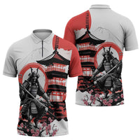 Japanese Samurai Warrior Enso Zipper Polo Shirt Japan Pagoda Sakura Watercolor - Wonder Print Shop