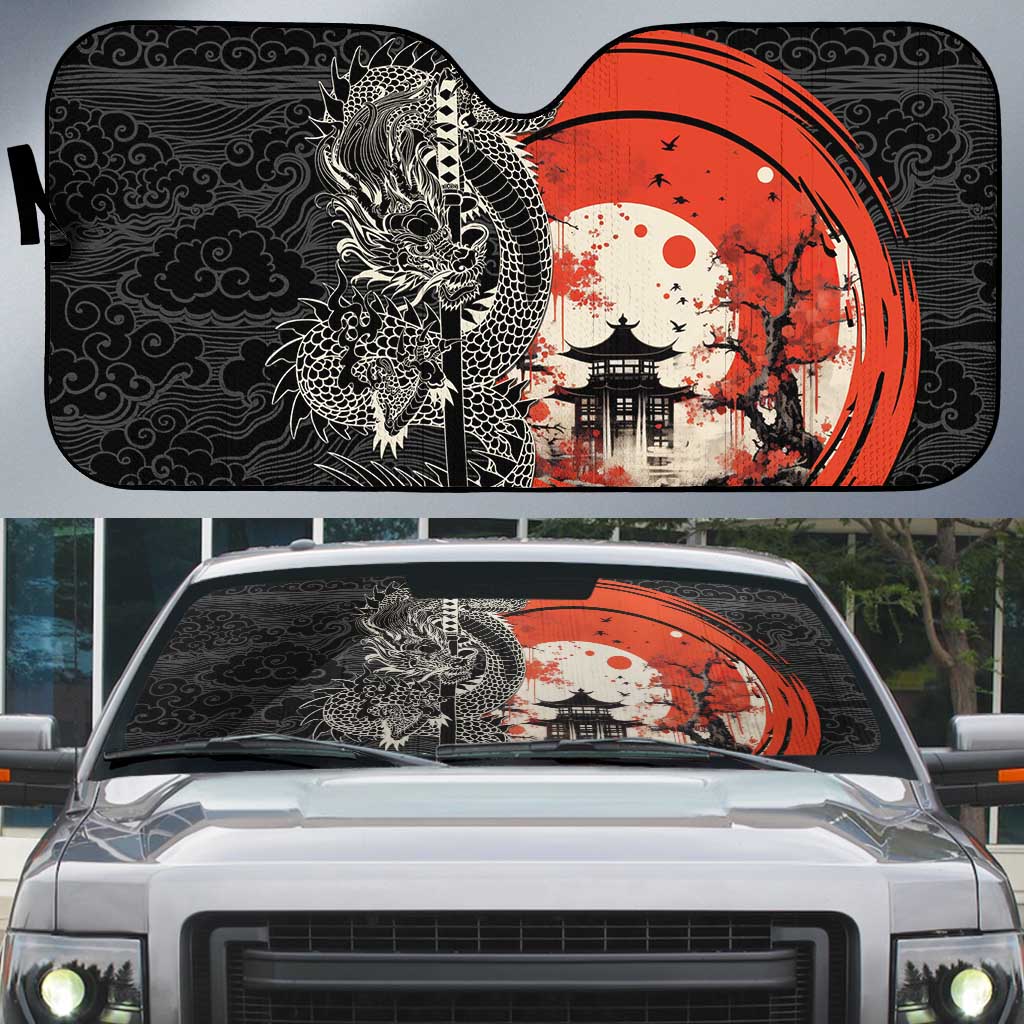 Japanese Dragon Katana Enso Auto Sun Shade Japan Pagoda Seamless Cloud - Wonder Print Shop