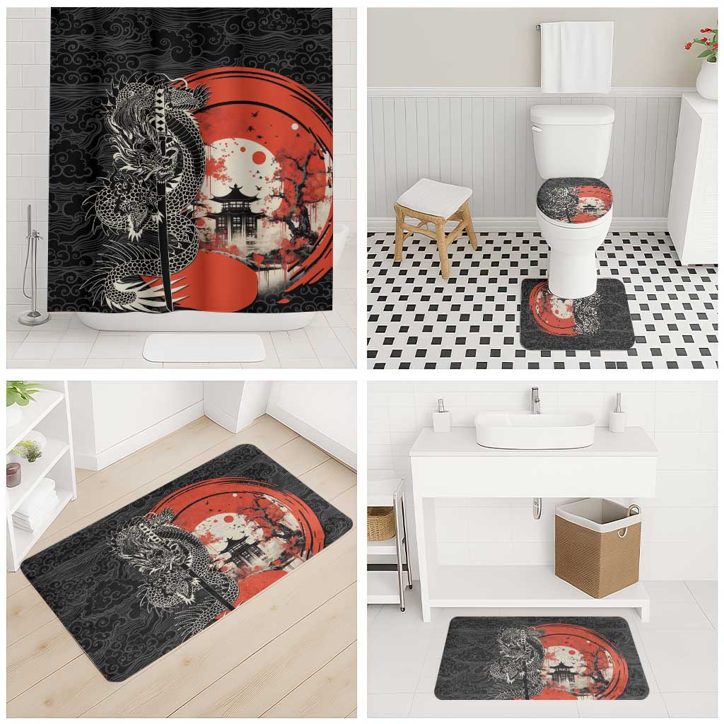 Japanese Dragon Katana Enso Bathroom Set Japan Pagoda Seamless Cloud - Wonder Print Shop