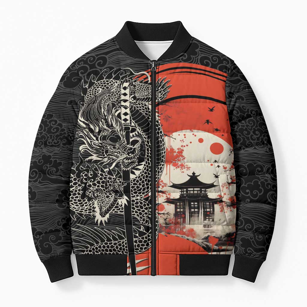 Japanese Dragon Katana Enso Bomber Puffer Jacket Japan Pagoda Seamless Cloud - Wonder Print Shop