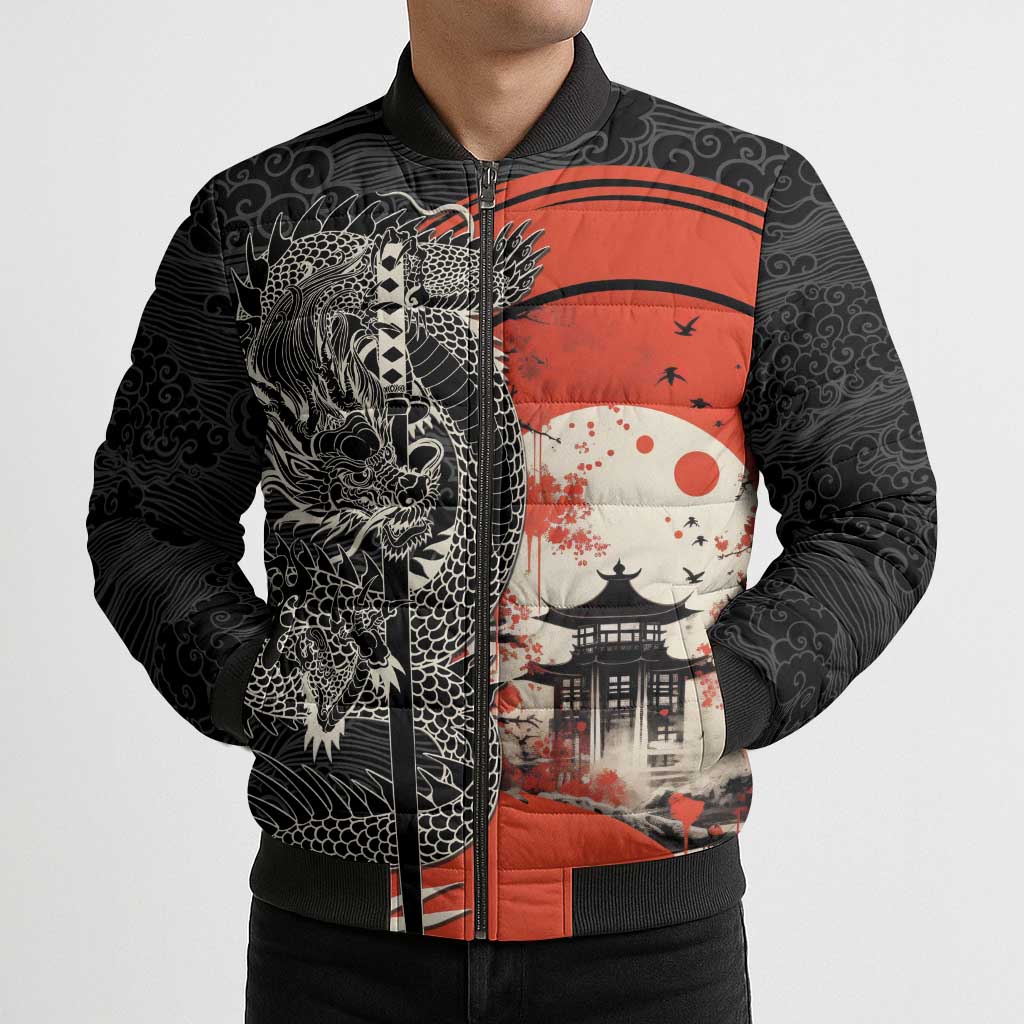 Japanese Dragon Katana Enso Bomber Puffer Jacket Japan Pagoda Seamless Cloud - Wonder Print Shop