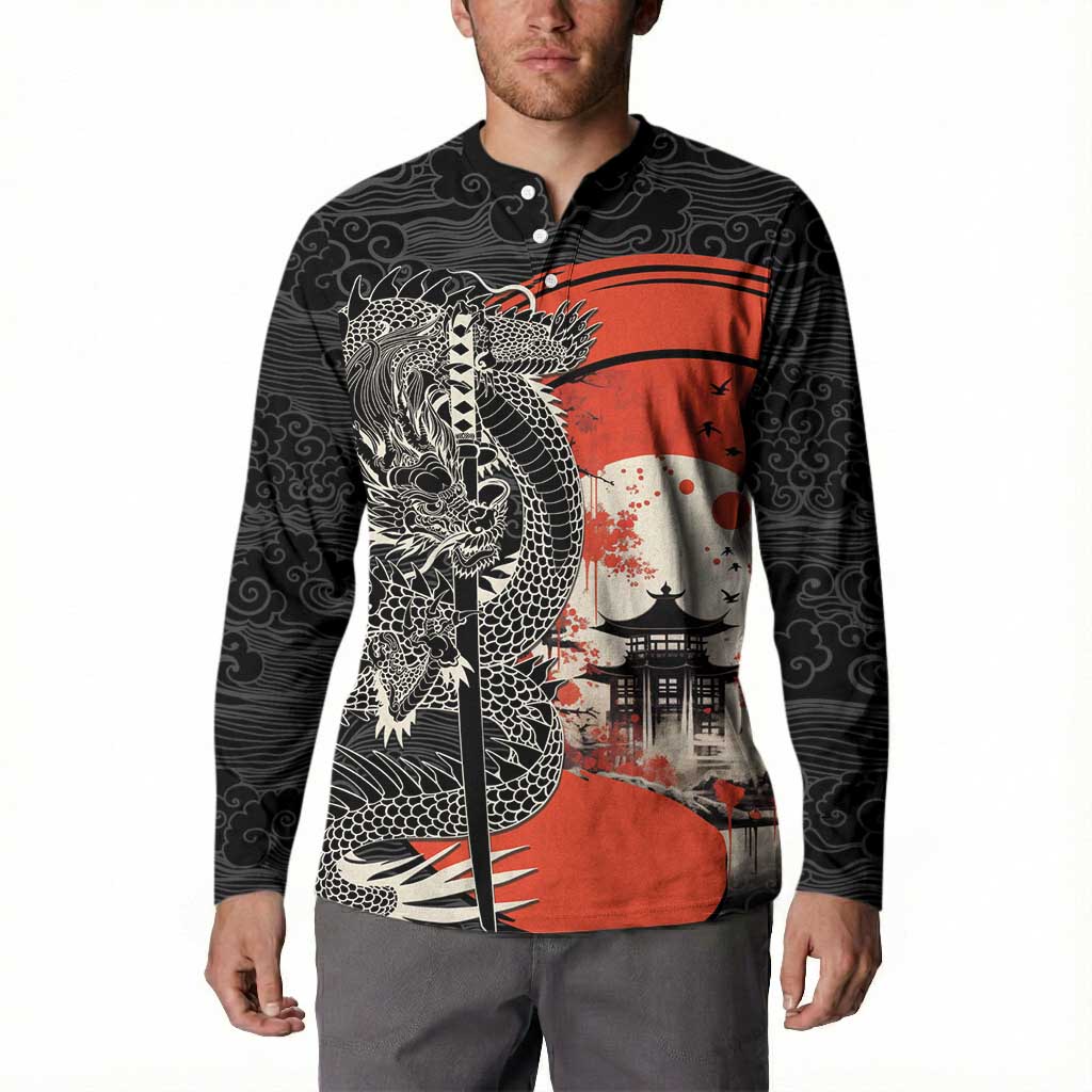 Japanese Dragon Katana Enso Button Sweatshirt Japan Pagoda Seamless Cloud - Wonder Print Shop