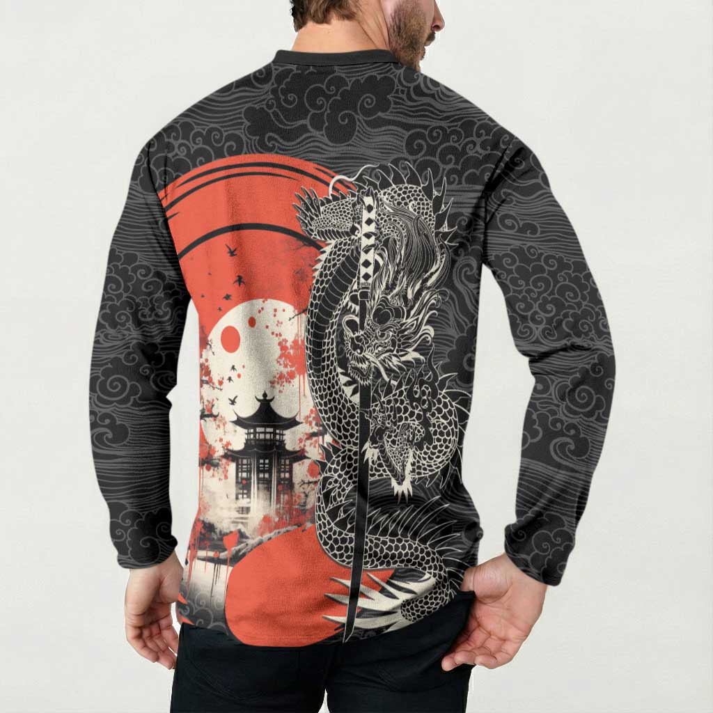 Japanese Dragon Katana Enso Button Sweatshirt Japan Pagoda Seamless Cloud - Wonder Print Shop