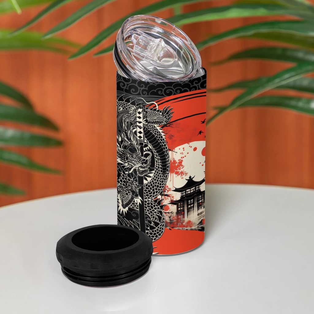 Japanese Dragon Katana Enso 4 in 1 Can Cooler Tumbler Japan Pagoda Seamless Cloud - Wonder Print Shop