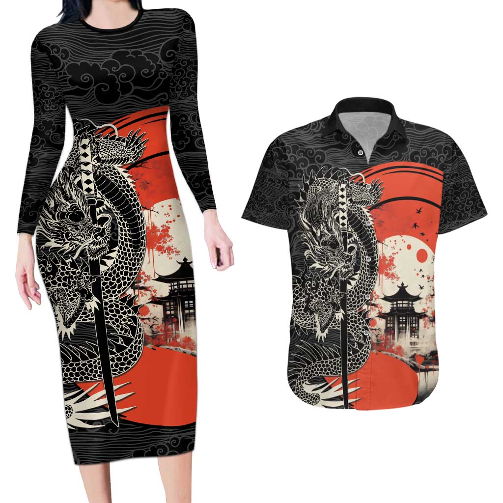 Japanese Dragon Katana Enso Couples Matching Long Sleeve Bodycon Dress and Hawaiian Shirt Japan Pagoda Seamless Cloud - Wonder Print Shop