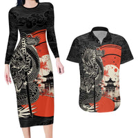 Japanese Dragon Katana Enso Couples Matching Long Sleeve Bodycon Dress and Hawaiian Shirt Japan Pagoda Seamless Cloud - Wonder Print Shop