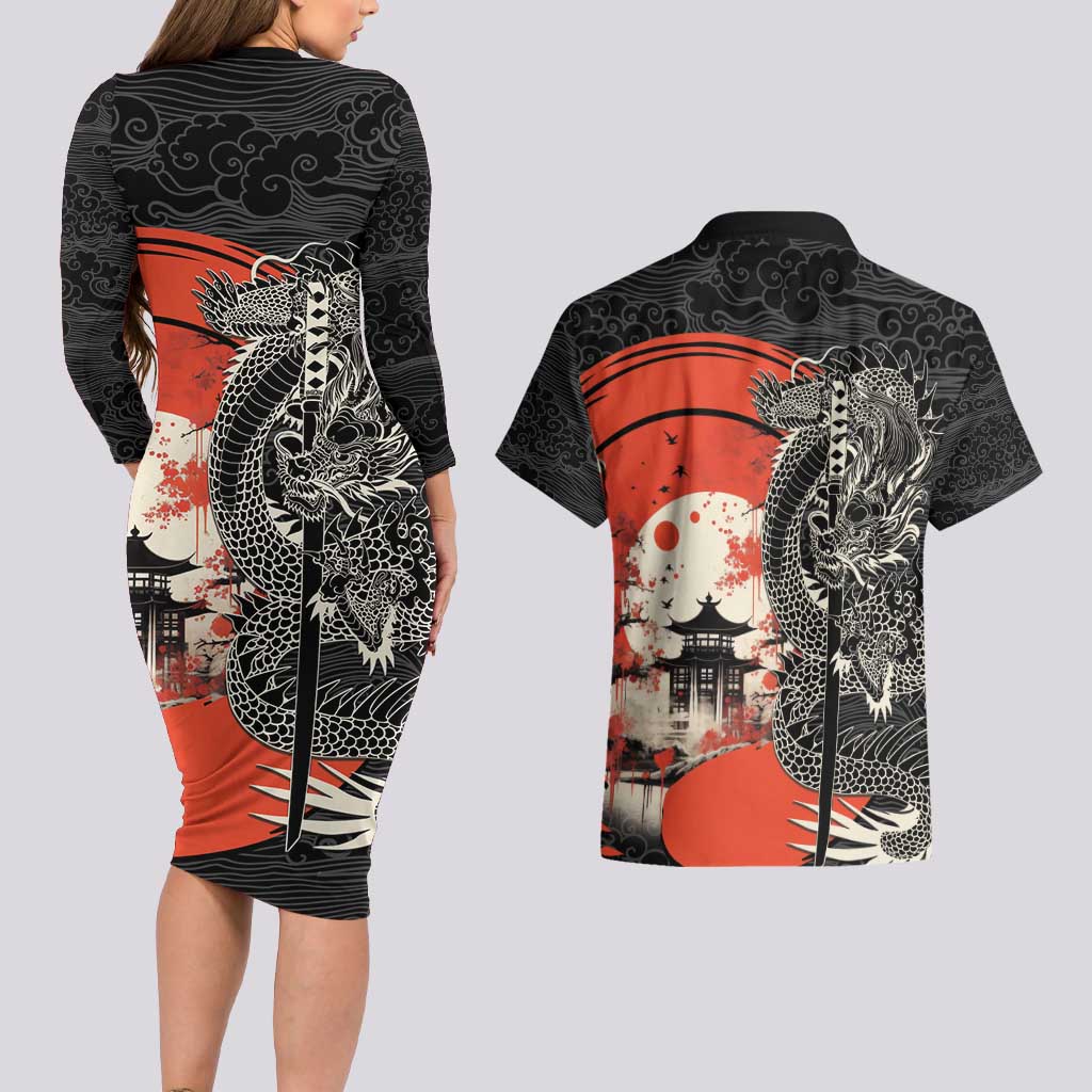 Japanese Dragon Katana Enso Couples Matching Long Sleeve Bodycon Dress and Hawaiian Shirt Japan Pagoda Seamless Cloud - Wonder Print Shop