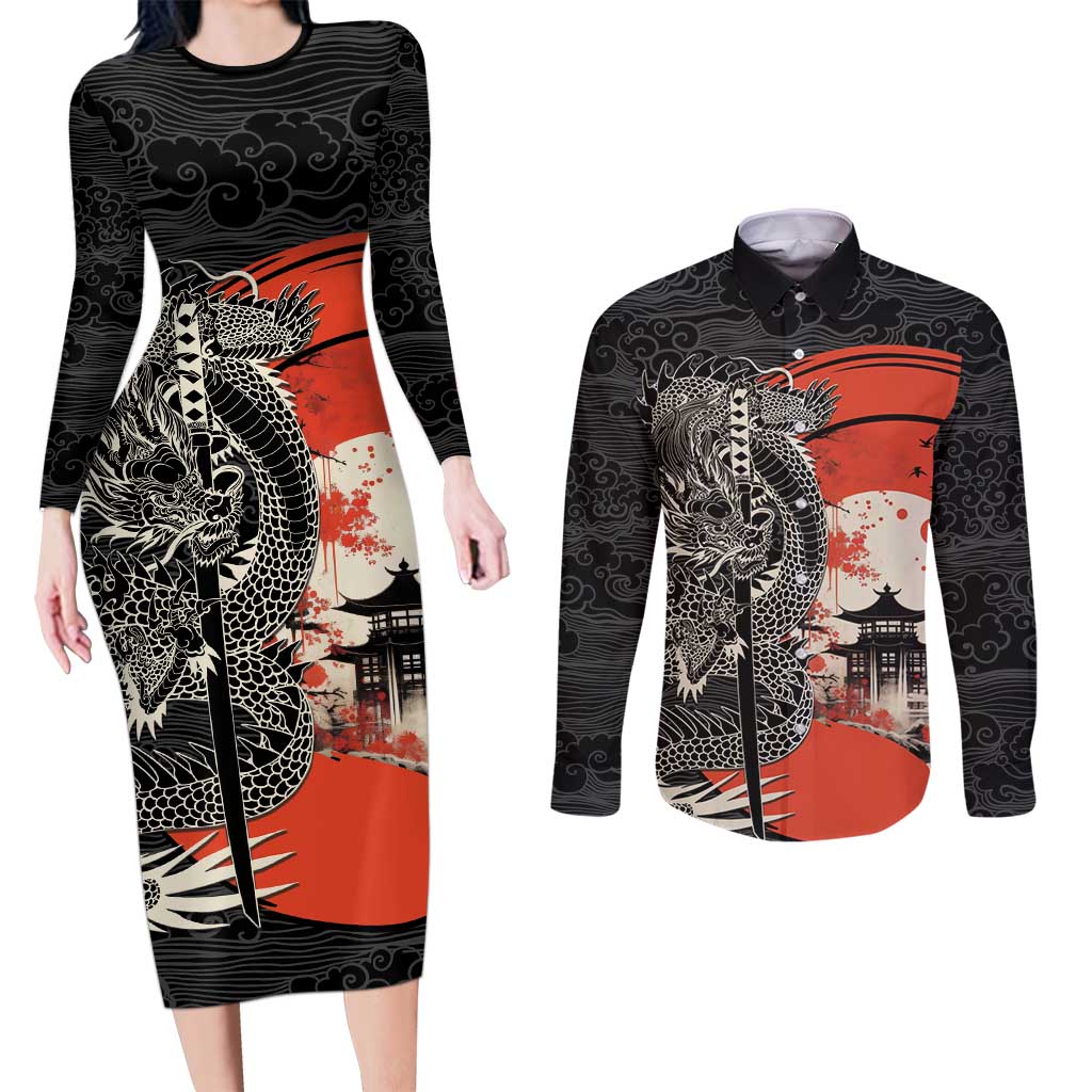 Japanese Dragon Katana Enso Couples Matching Long Sleeve Bodycon Dress and Long Sleeve Button Shirt Japan Pagoda Seamless Cloud - Wonder Print Shop