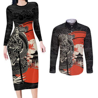 Japanese Dragon Katana Enso Couples Matching Long Sleeve Bodycon Dress and Long Sleeve Button Shirt Japan Pagoda Seamless Cloud - Wonder Print Shop