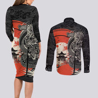 Japanese Dragon Katana Enso Couples Matching Long Sleeve Bodycon Dress and Long Sleeve Button Shirt Japan Pagoda Seamless Cloud - Wonder Print Shop