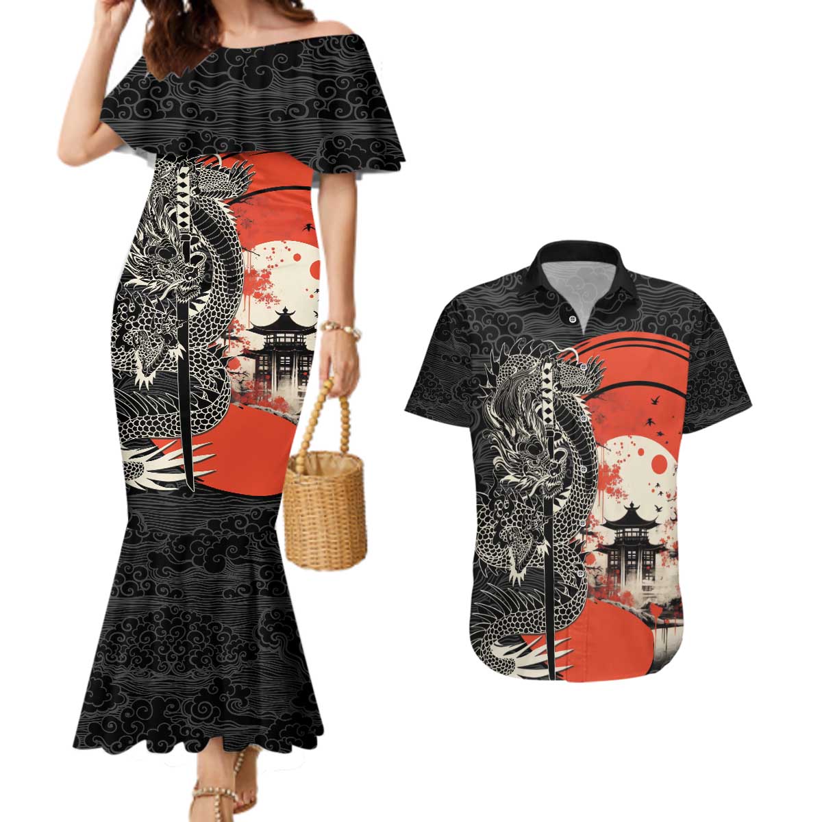 Japanese Dragon Katana Enso Couples Matching Mermaid Dress and Hawaiian Shirt Japan Pagoda Seamless Cloud - Wonder Print Shop