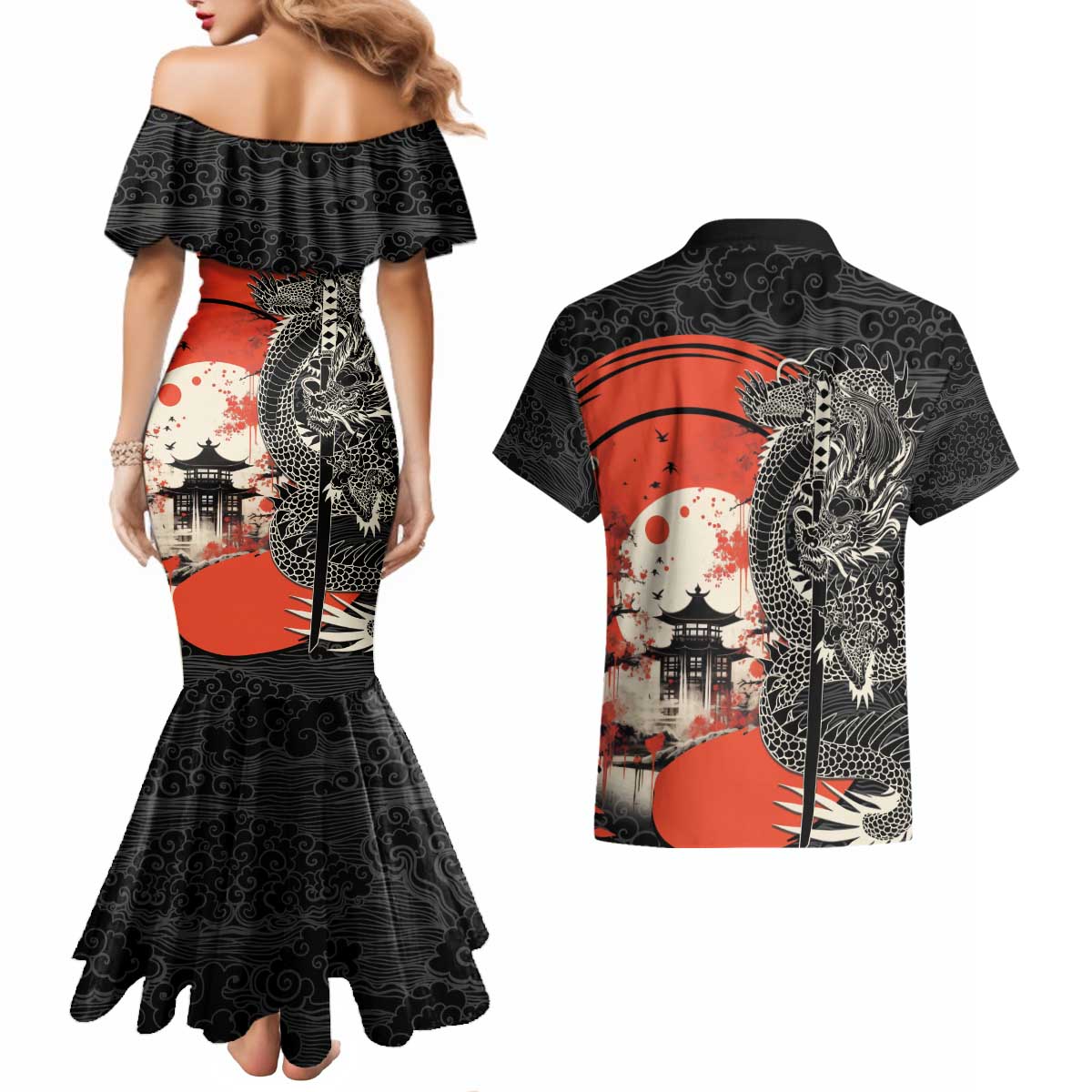 Japanese Dragon Katana Enso Couples Matching Mermaid Dress and Hawaiian Shirt Japan Pagoda Seamless Cloud - Wonder Print Shop