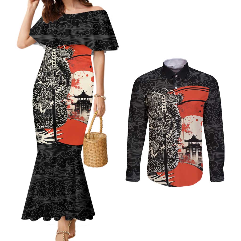 Japanese Dragon Katana Enso Couples Matching Mermaid Dress and Long Sleeve Button Shirt Japan Pagoda Seamless Cloud - Wonder Print Shop