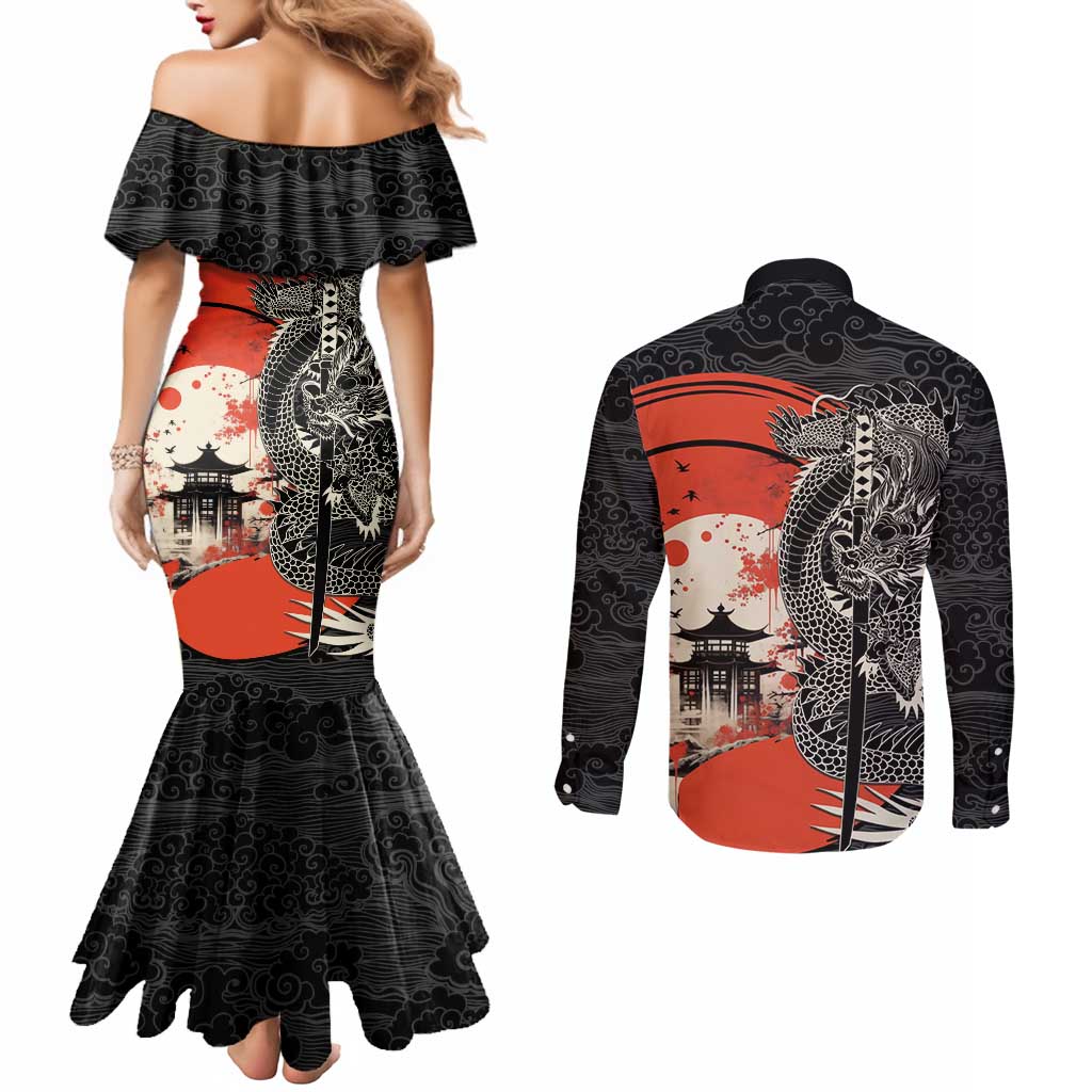 Japanese Dragon Katana Enso Couples Matching Mermaid Dress and Long Sleeve Button Shirt Japan Pagoda Seamless Cloud - Wonder Print Shop