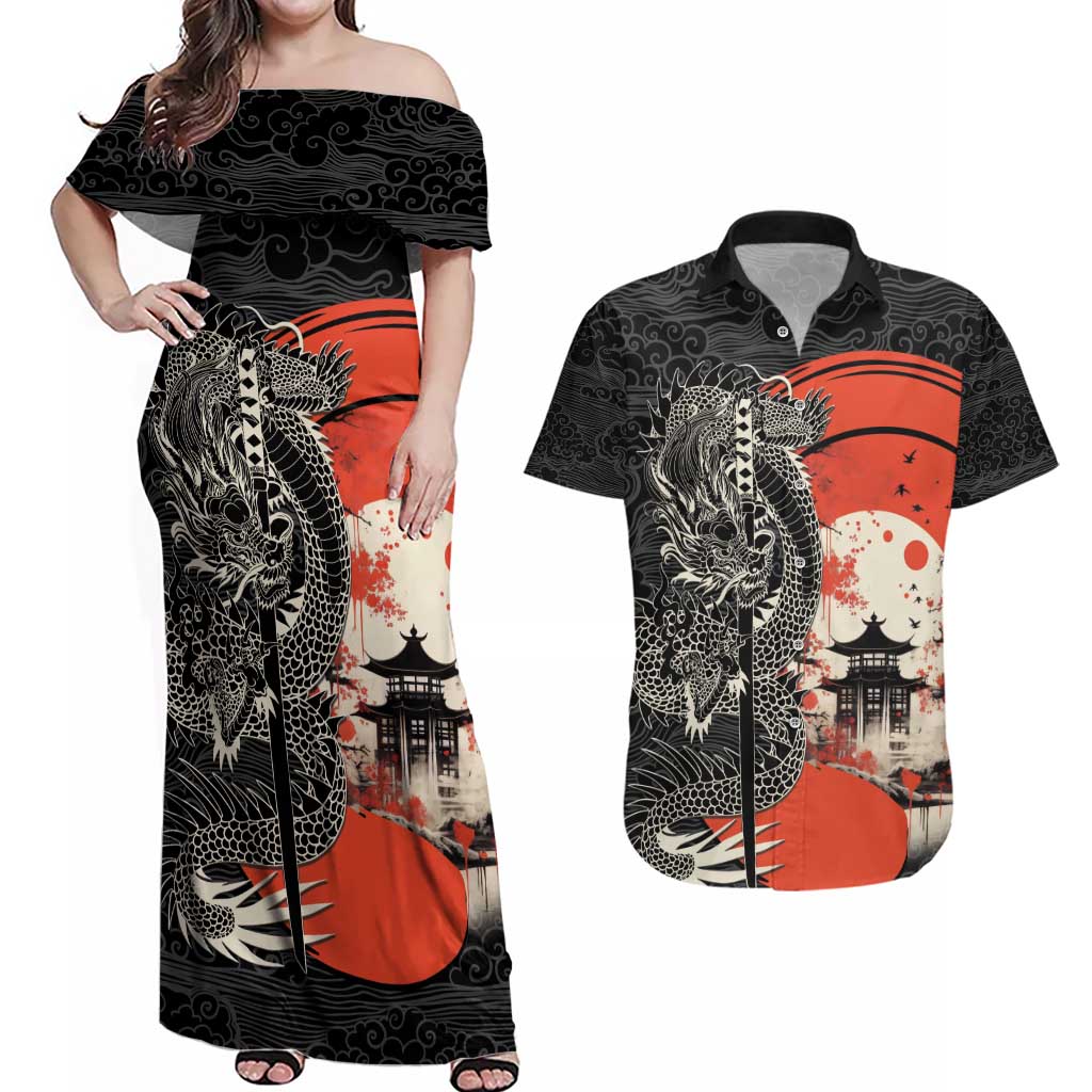 Japanese Dragon Katana Enso Couples Matching Off Shoulder Maxi Dress and Hawaiian Shirt Japan Pagoda Seamless Cloud - Wonder Print Shop