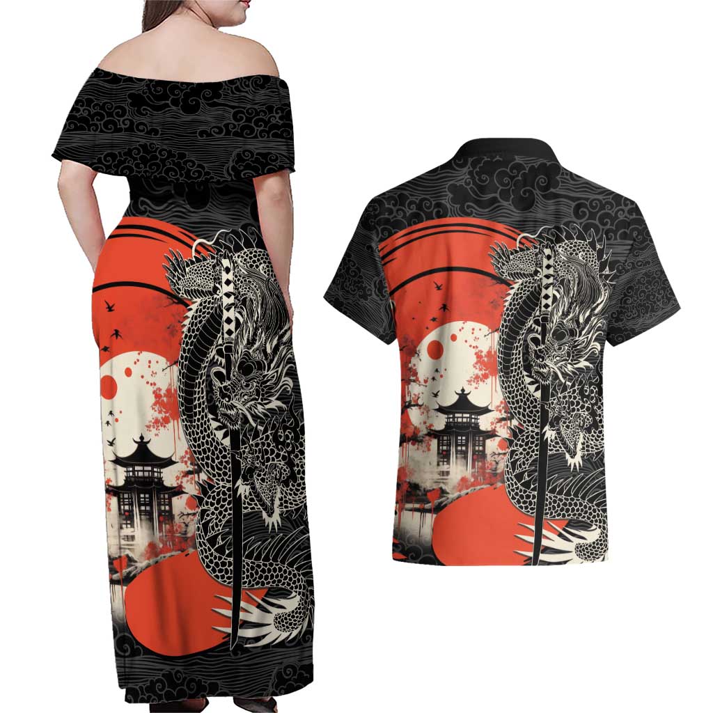 Japanese Dragon Katana Enso Couples Matching Off Shoulder Maxi Dress and Hawaiian Shirt Japan Pagoda Seamless Cloud - Wonder Print Shop