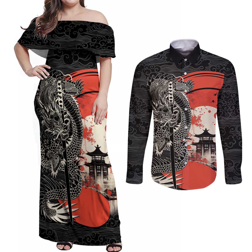 Japanese Dragon Katana Enso Couples Matching Off Shoulder Maxi Dress and Long Sleeve Button Shirt Japan Pagoda Seamless Cloud - Wonder Print Shop