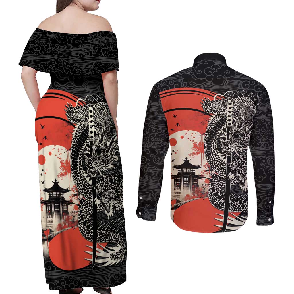 Japanese Dragon Katana Enso Couples Matching Off Shoulder Maxi Dress and Long Sleeve Button Shirt Japan Pagoda Seamless Cloud - Wonder Print Shop