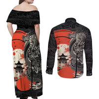 Japanese Dragon Katana Enso Couples Matching Off Shoulder Maxi Dress and Long Sleeve Button Shirt Japan Pagoda Seamless Cloud - Wonder Print Shop