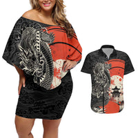 Japanese Dragon Katana Enso Couples Matching Off Shoulder Short Dress and Hawaiian Shirt Japan Pagoda Seamless Cloud - Wonder Print Shop