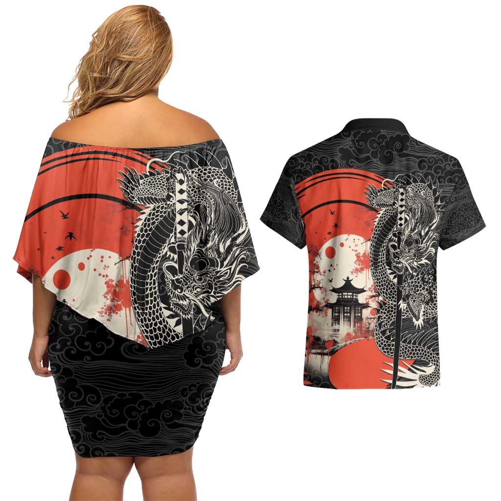 Japanese Dragon Katana Enso Couples Matching Off Shoulder Short Dress and Hawaiian Shirt Japan Pagoda Seamless Cloud - Wonder Print Shop