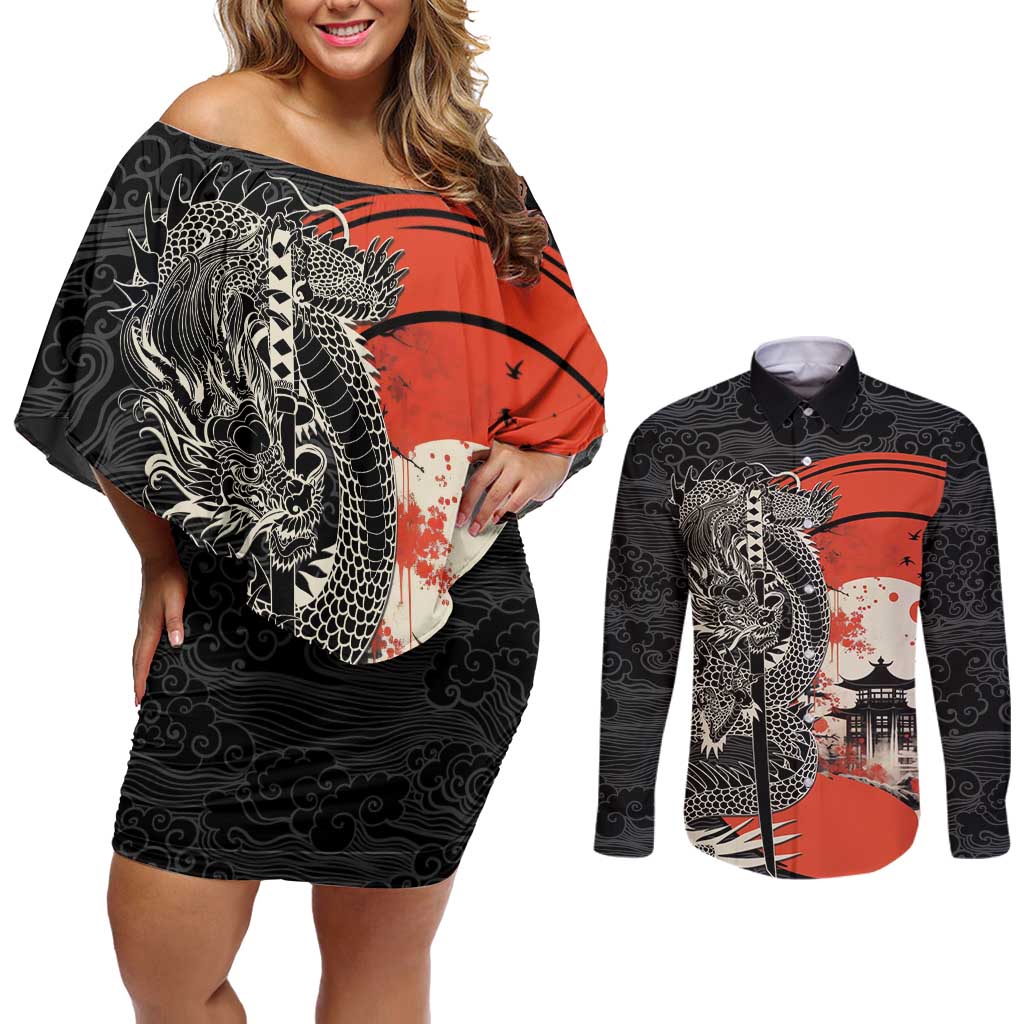 Japanese Dragon Katana Enso Couples Matching Off Shoulder Short Dress and Long Sleeve Button Shirt Japan Pagoda Seamless Cloud - Wonder Print Shop